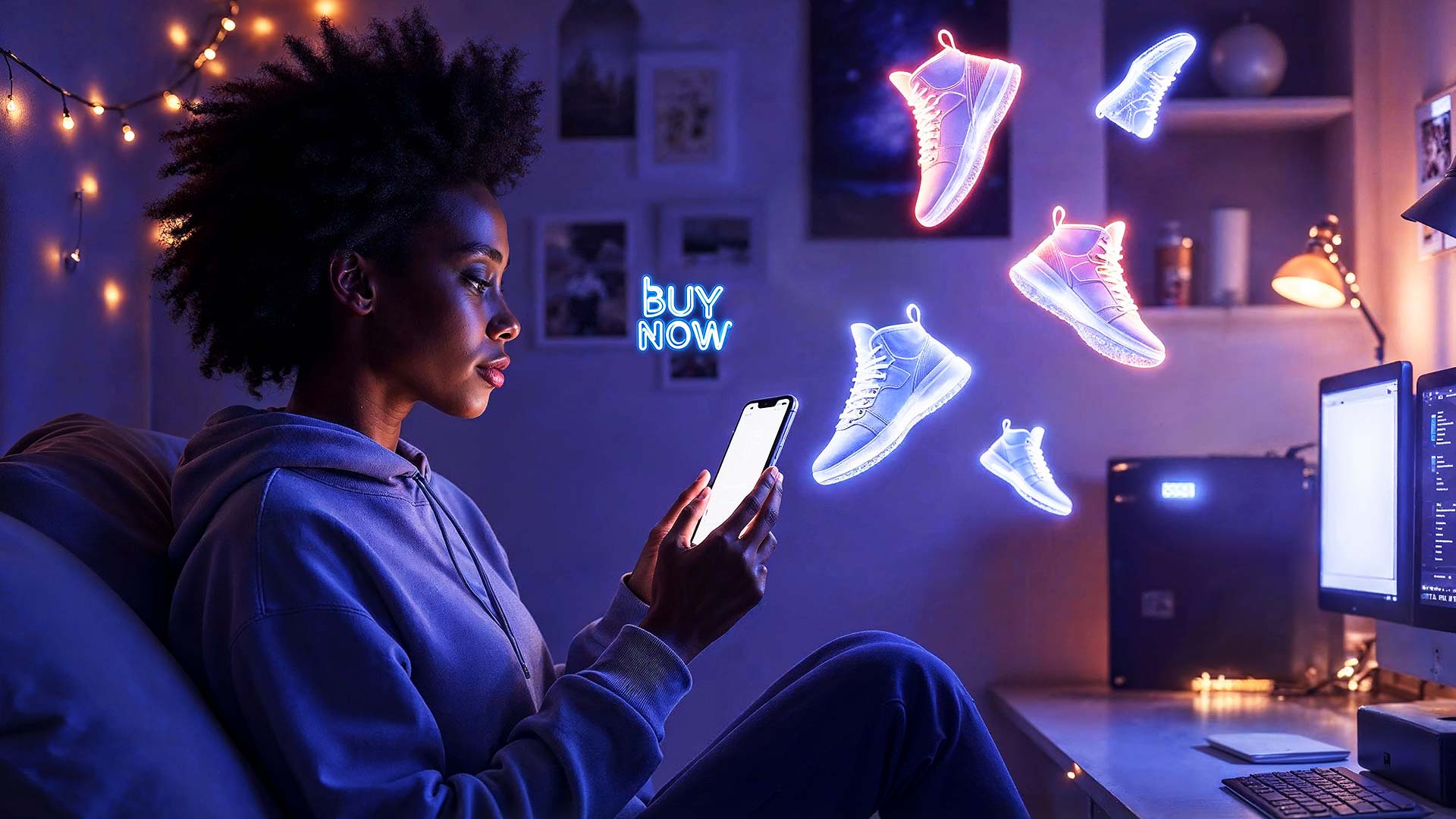 Chica comprando zapatilla en tienda online desde móvil